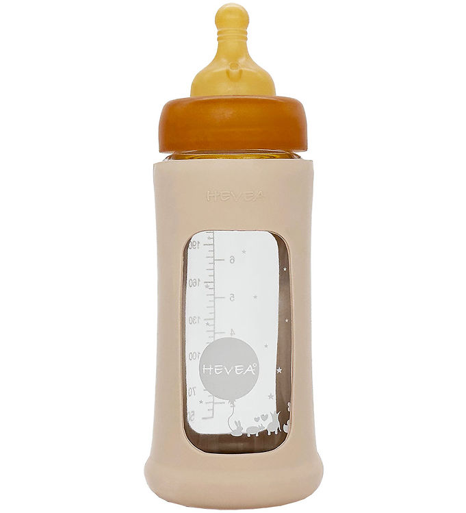 6: Hevea Glas Sutteflaske Wide Neck med Sleeve 250 ml, Sand - 1 stk.