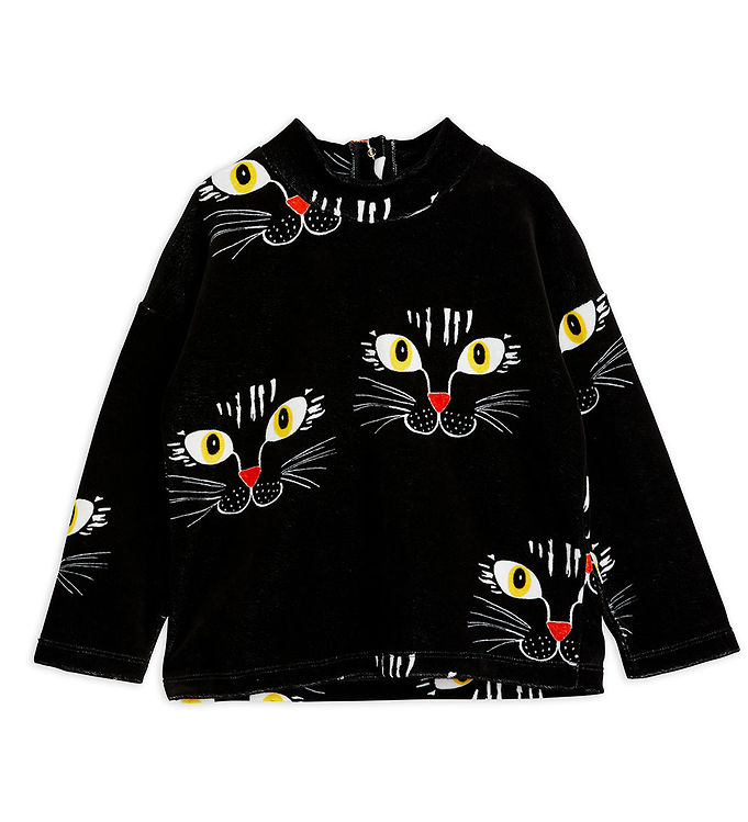 Mini Rodini Bluse - Velour - Cat Face - Sort