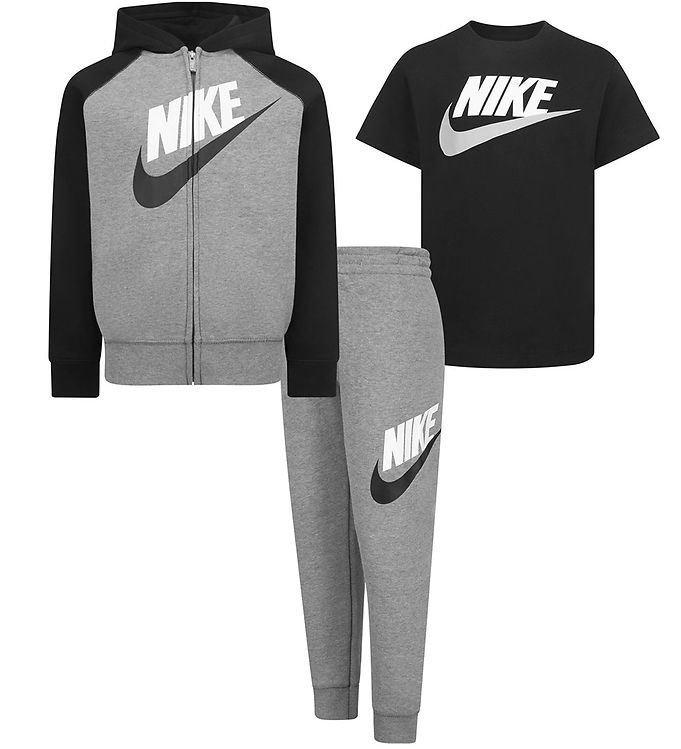 11: Nike Sweatsæt/T-shirt - Carbon Heather/Sort m. Logo