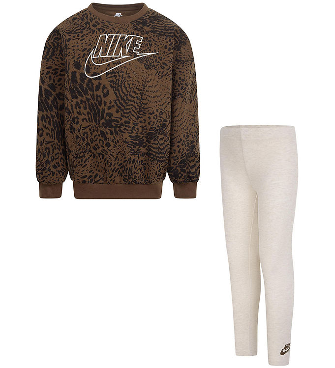 10: Nike Sæt - Leggings/Sweatshirt - Pale Ivory Heather/Brun m. Leop
