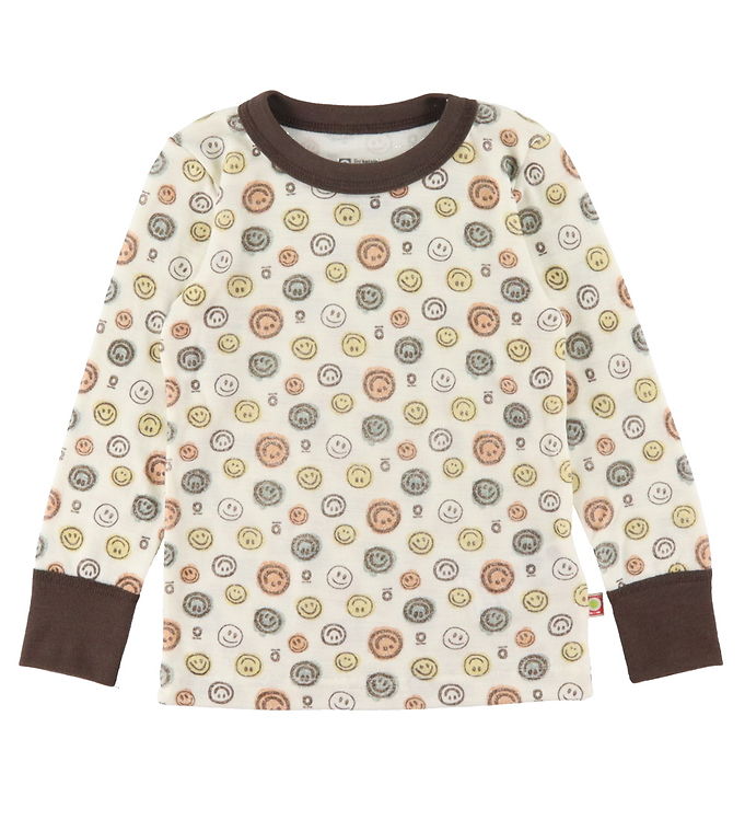 #3 - Bluse råhvid økologisk uld med brun kant og Emoji print