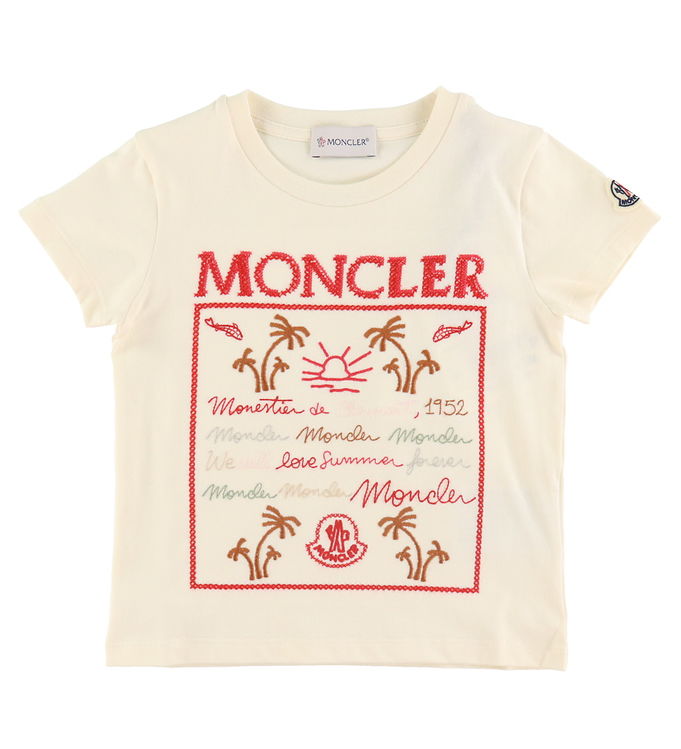 Moncler T-shirt - Cream/Rød m. Broderi