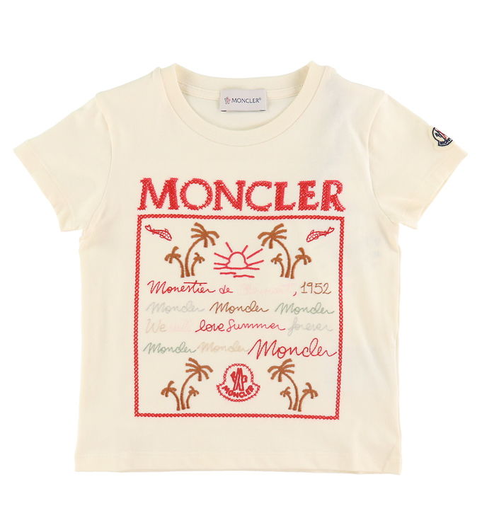 Billede af Moncler T-shirt - Cream/Rød m. Broderi