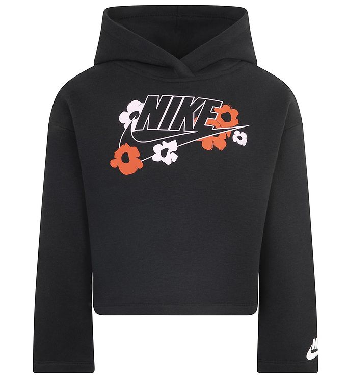 13: Nike Hættetrøje - Cropped - Sort m. Blomster