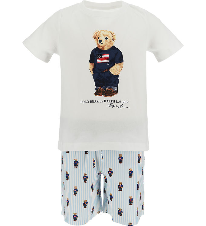 Polo Ralph Lauren Nattøj - Hvid/Blåstribet m. Bamse