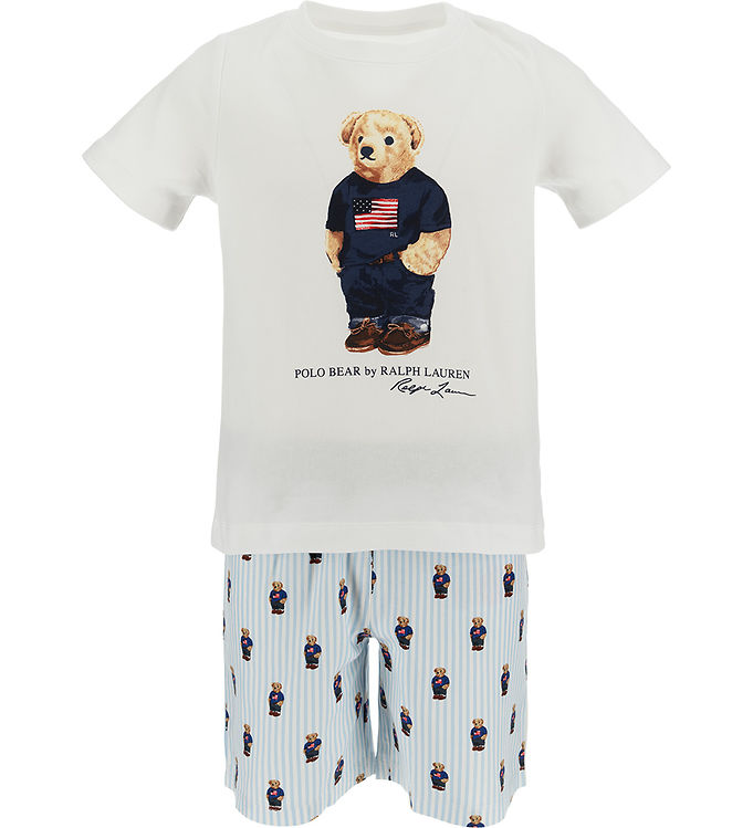 #2 - Polo Ralph Lauren Nattøj - T-shirt/Shorts - Hvid/Blå m. Bamse