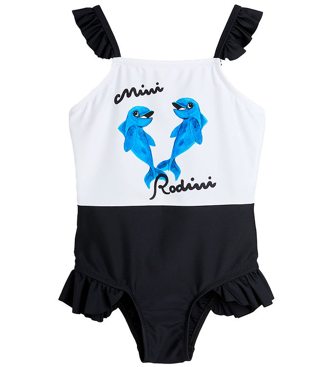 Billede af Mini Rodini Badedragt - Dolphins Sp Frill - Hvid/Sort