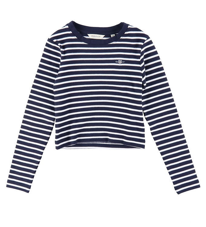 Gant Bluse Cropped Rib Evening Blue Hvidstribet