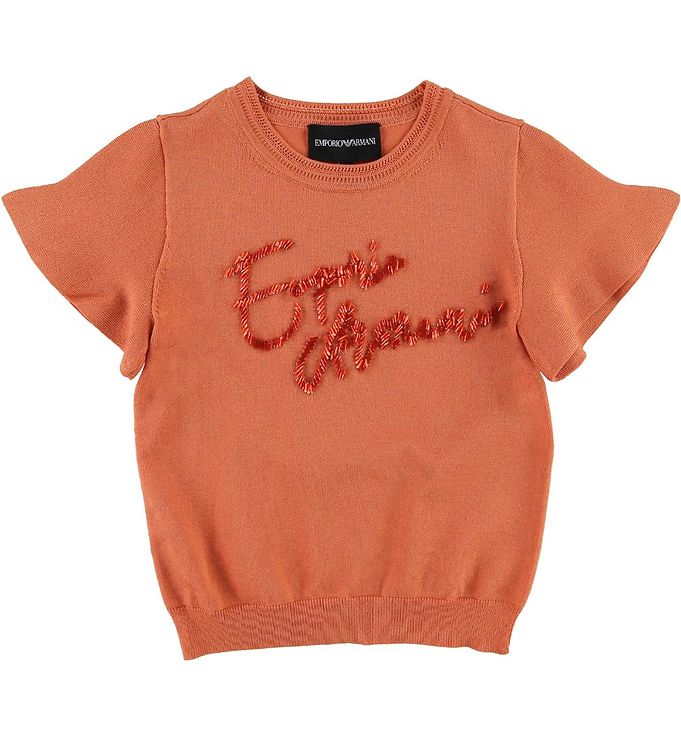 Emporio Armani T-shirt - Strik - Koralrød m. Pailletter