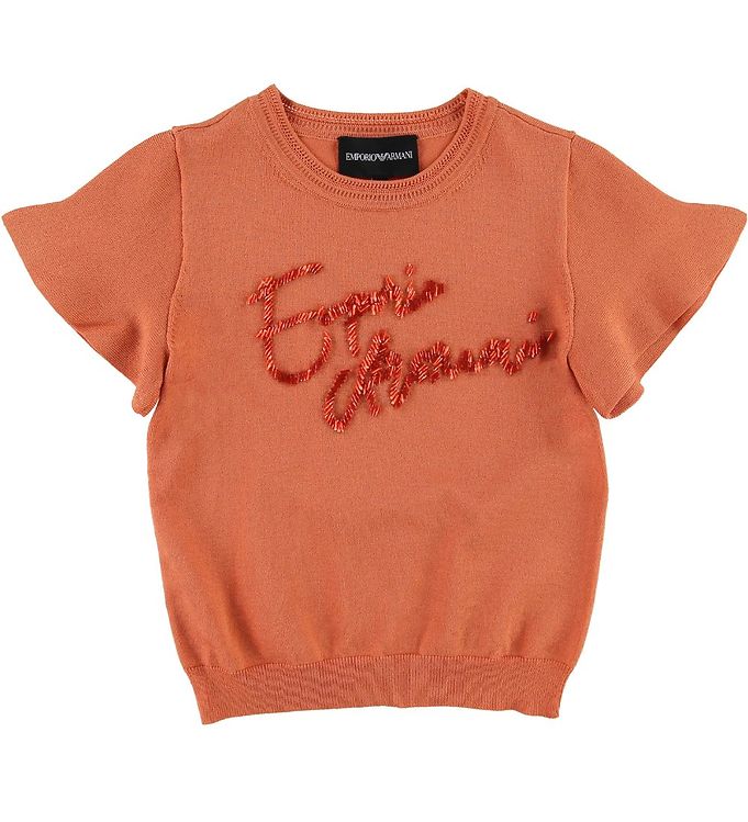 Emporio Armani T Shirt Strik Koralrød M. Pailletter