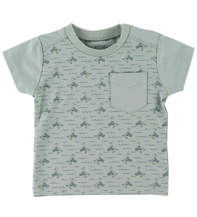 Image of Fixoni T-shirt - Støvet Grøn m. Ænder/Bølger - 68 - Fixoni T-Shirt (160031-859554)