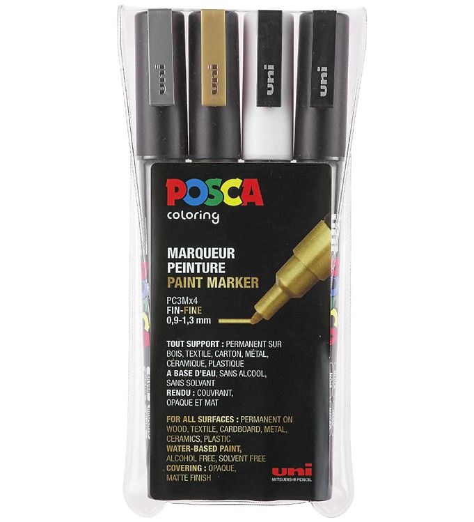 Image of Posca Corner Markers - PC-3M - 4 stk - Guld/Sølv/Hvid/Sort (181208-914958)
