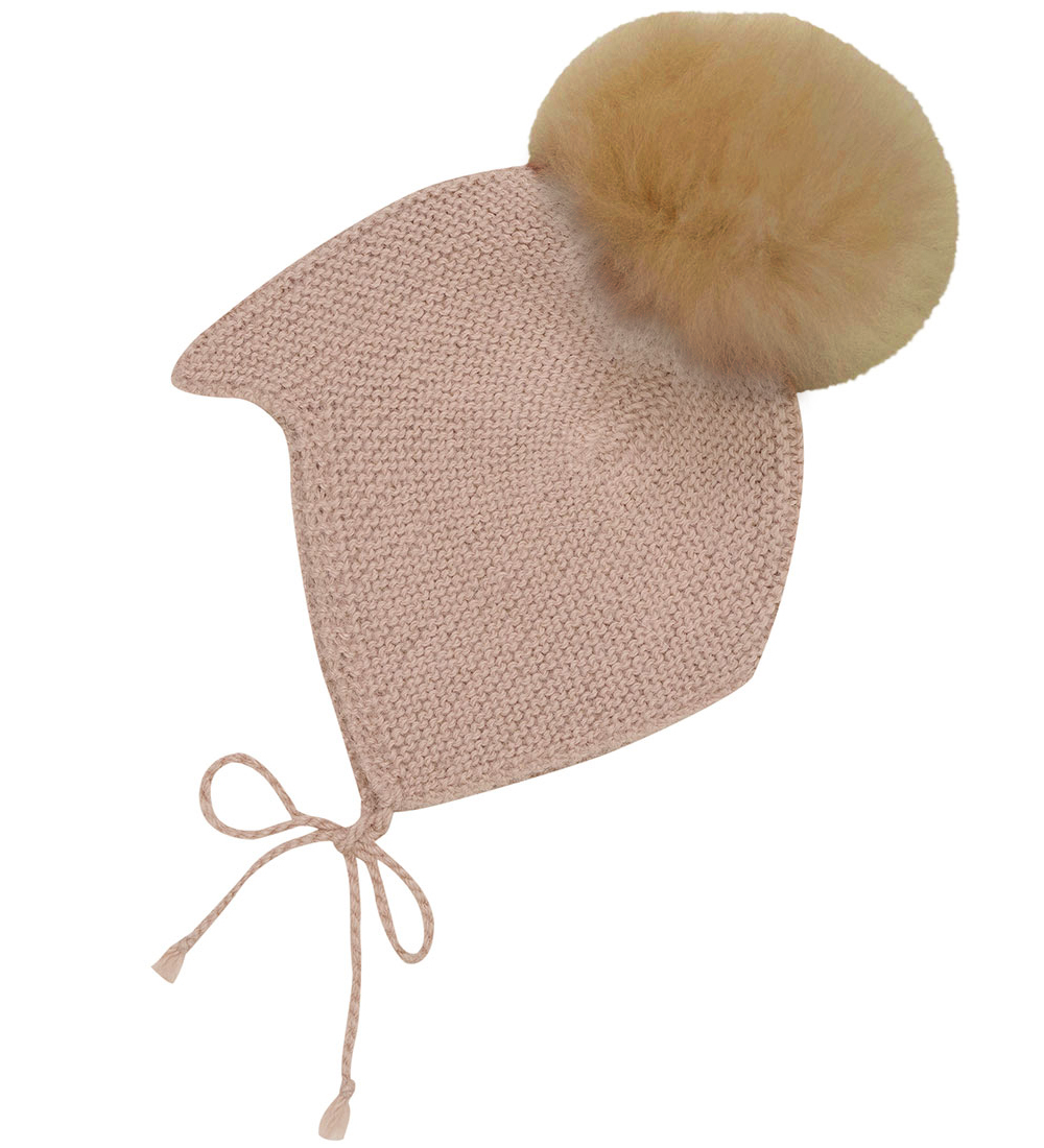 Huttelihut Babyhjelm m. Kvast - Uld - Strik - Mahogany Rose