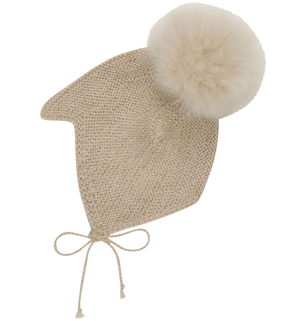 Huttelihut Babyhjelm m. Kvast - Uld - Strik - Camel Melange
