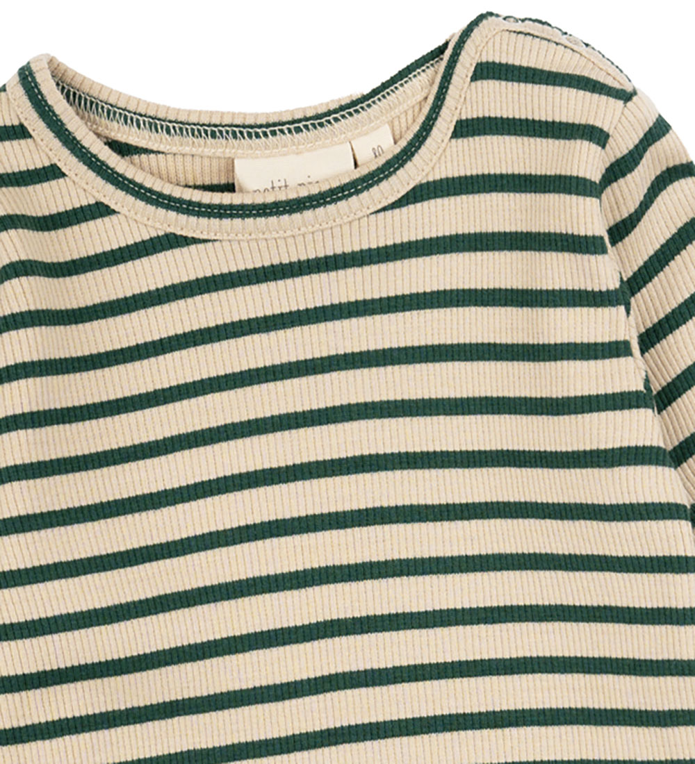 Petit Piao Bluse - Rib - Modal - Emerald Green/Dark Offwhite