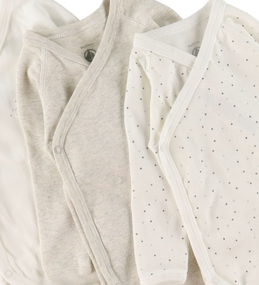 Petit Bateau Slå-om Bodyer l/æ - 3-pak - Hvid/Gråmeleret m. Stje