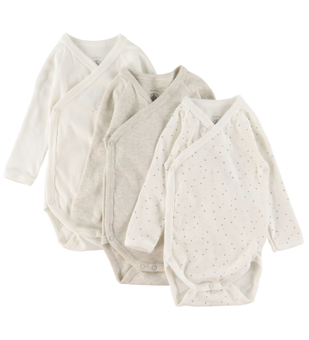 Petit Bateau Slå-om Bodyer l/æ - 3-pak - Hvid/Gråmeleret m. Stje