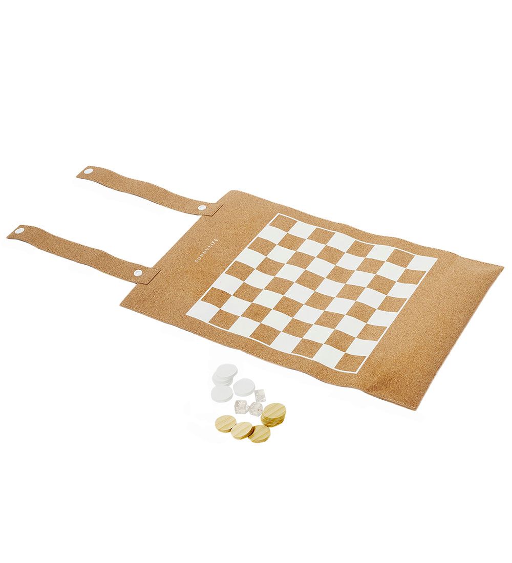 SunnyLife Spil - Backgammon/Dam - Cork Roll-Up Game Monochrome