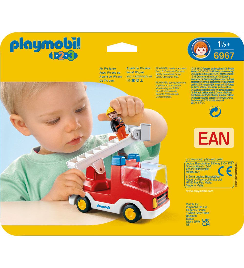 Playmobil 1.2.3 - Brandbil Med Stige - 6967 - 2 Dele