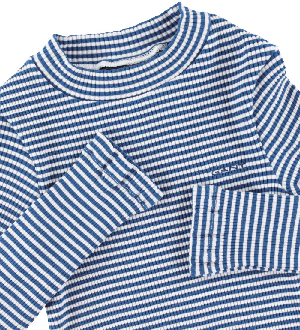 GANT Bluse - D2 Striped Rib Polo - Blå/Hvid