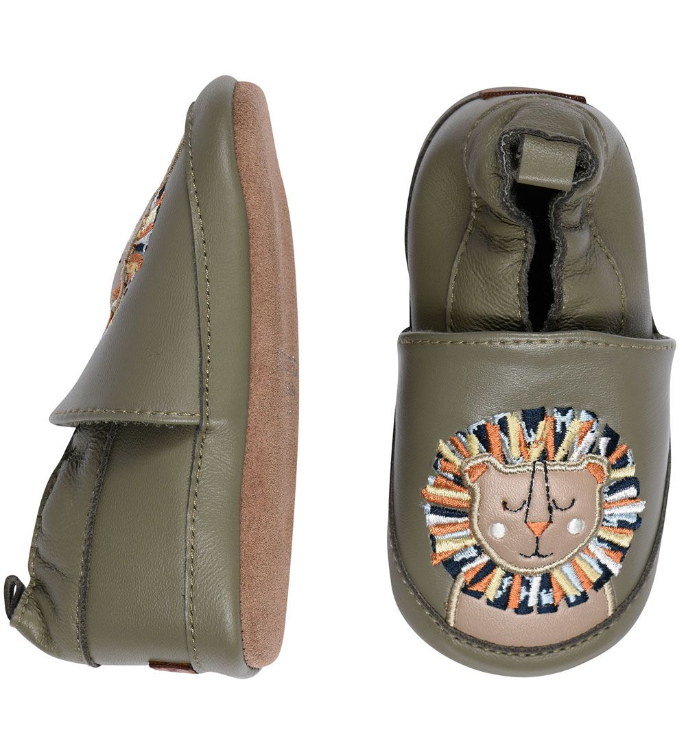 Melton Skindfutter - Leather Slippers w. Lion - Safari Green