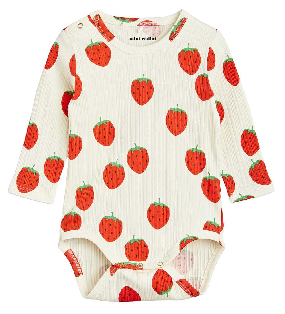 Mini Rodini Body l/ - Rib - Strawberries - Offwhite