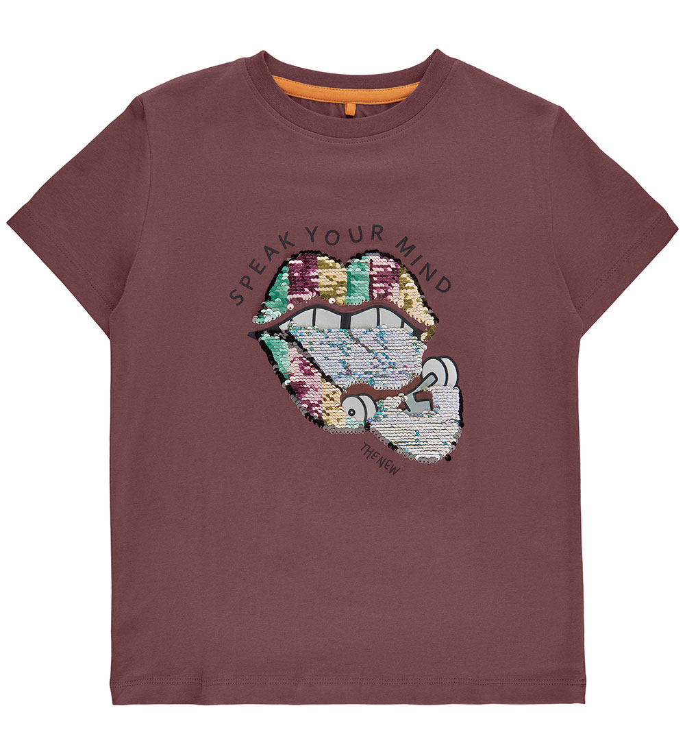 The New T-shirt - TnHiba - Rose Brown m. Mund/Pailletter