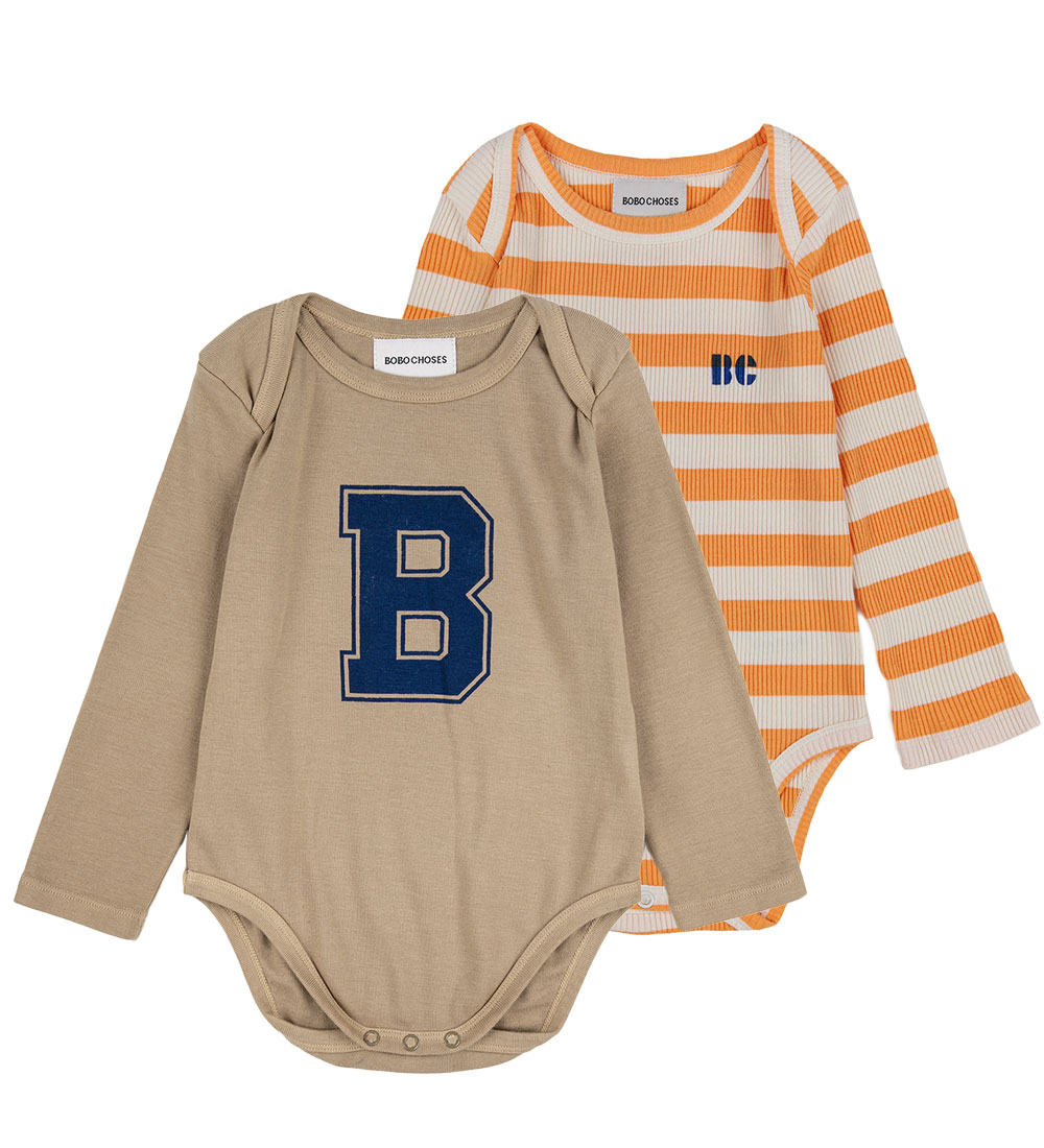 Bobo Choses Body l/æ - 2-pak - Hvid/Gulstribet/Brun m. Print