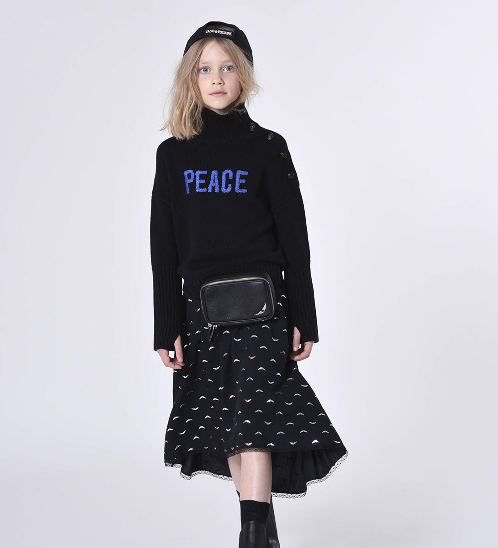 Zadig & Voltaire Bluse - Uld - Sort/Blå m. Tekst/Knapper