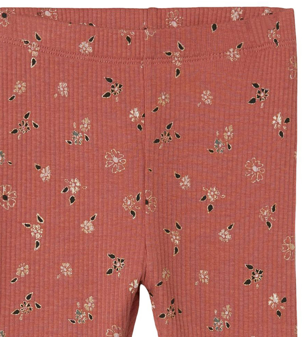 Name It Leggings - Rib - NmfOsha - Light Mahogany m. Blomster