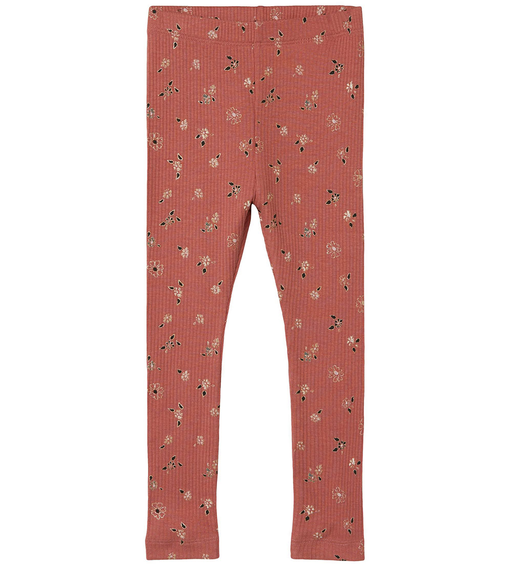 Name It Leggings - Rib - NmfOsha - Light Mahogany m. Blomster