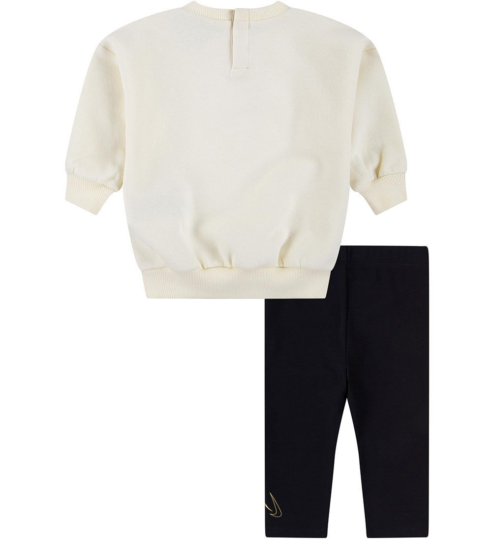 Nike Sæt - Leggings/Sweatshirt - Sort/Off White m. Guld