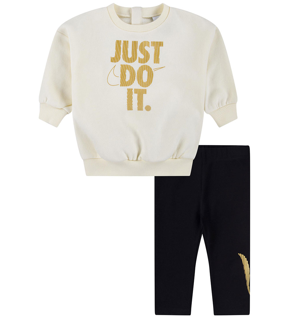 Nike Sæt - Leggings/Sweatshirt - Sort/Off White m. Guld