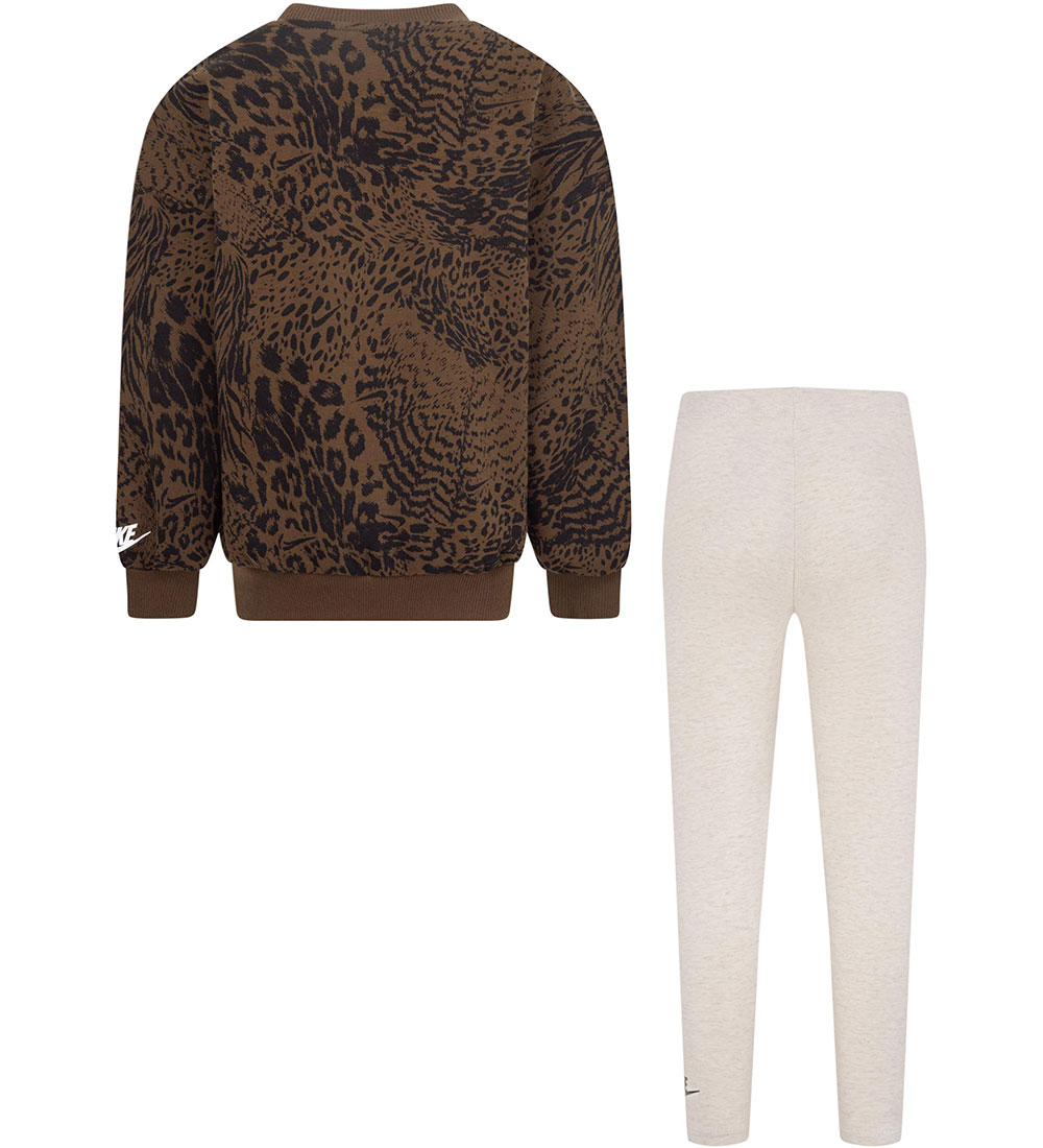 Nike Sæt - Leggings/Sweatshirt - Pale Ivory Heather/Brun m. Leop