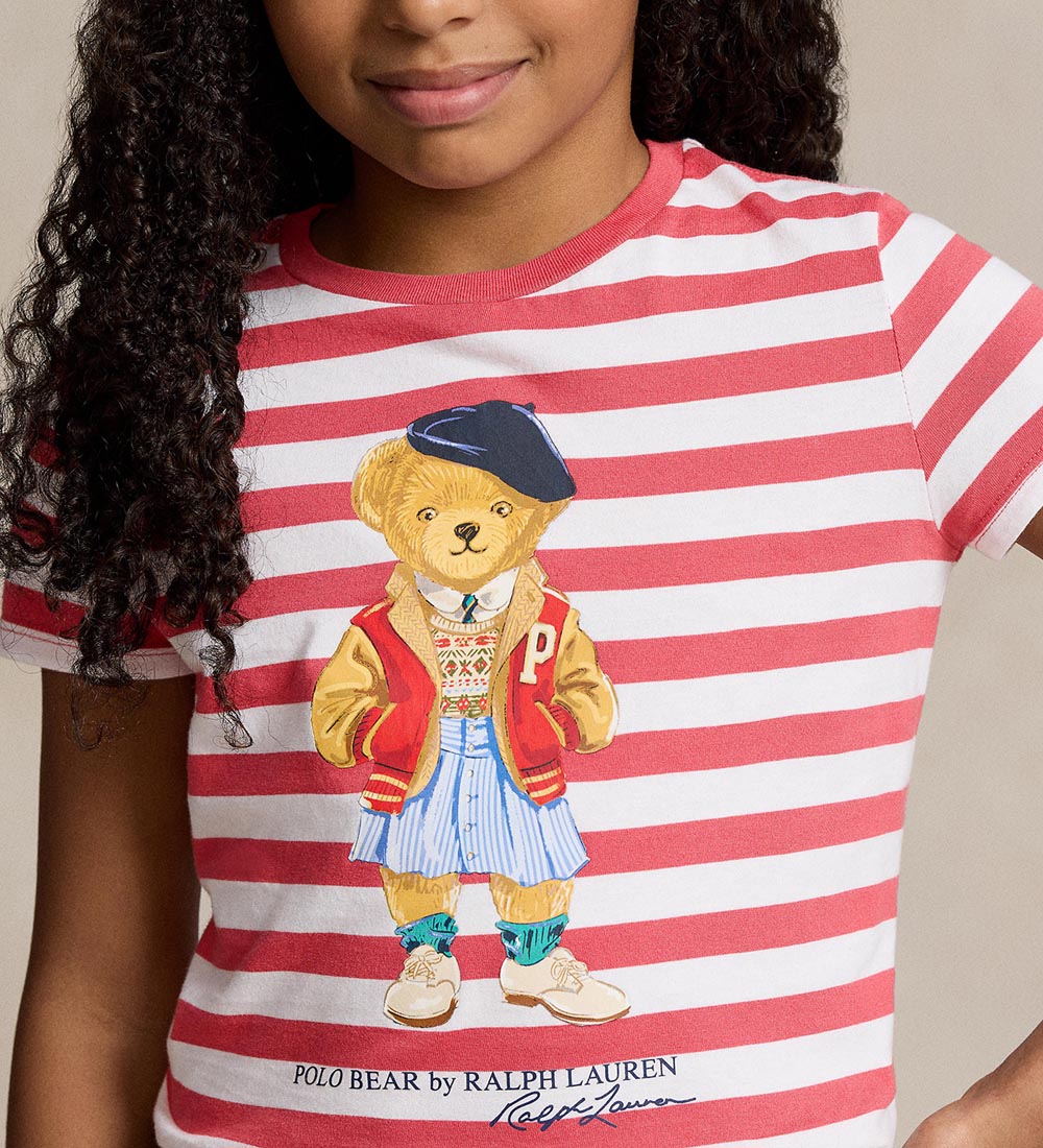 Polo Ralph Lauren T-shirt - Rød/Hvidstribet m. Bamse