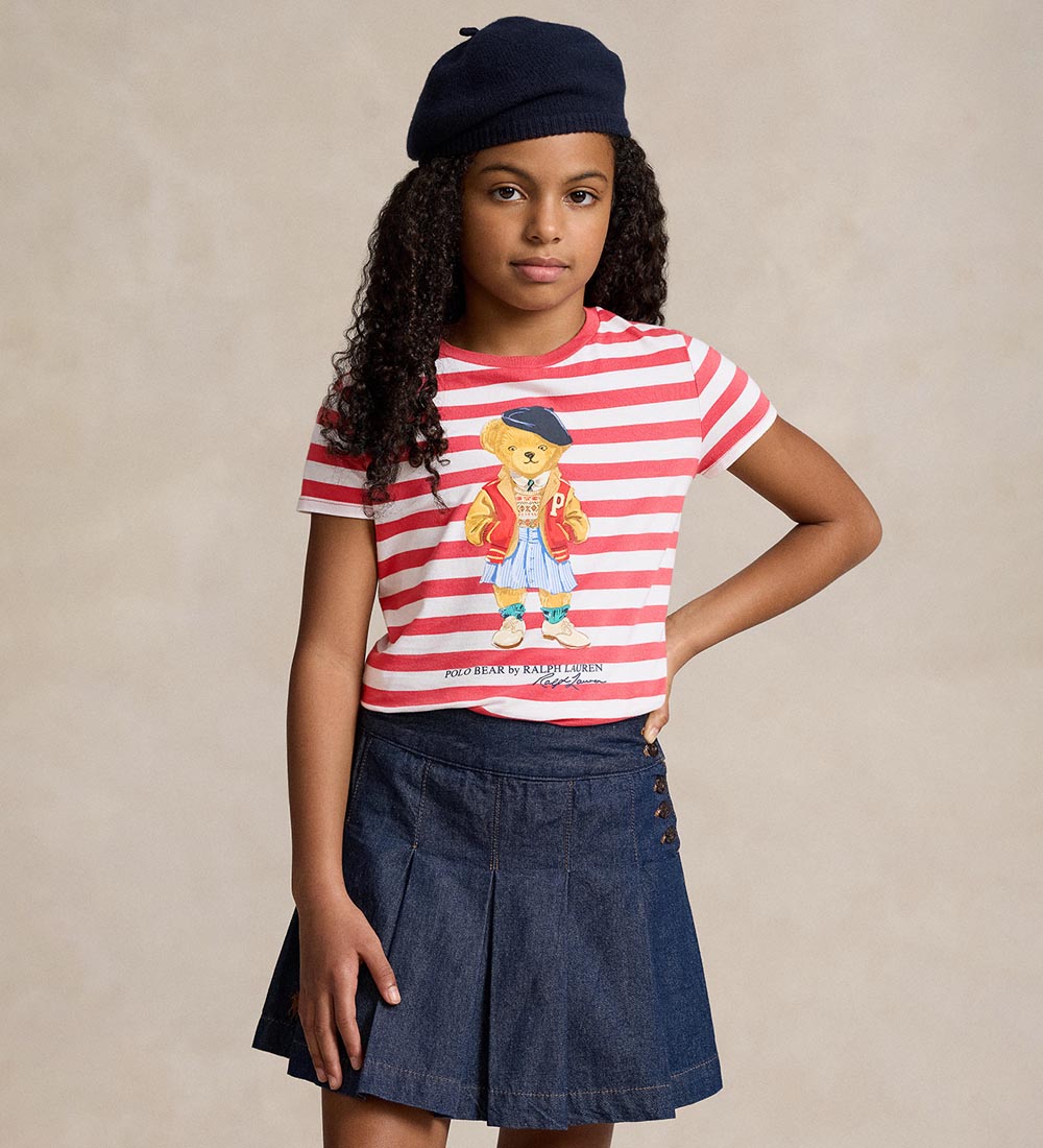 Polo Ralph Lauren T-shirt - Rød/Hvidstribet m. Bamse