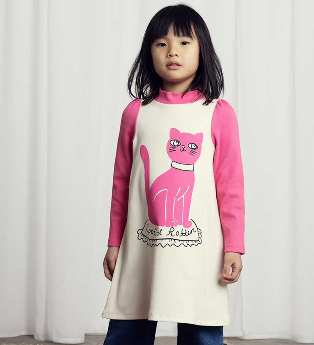 Mini Rodini Kjole - Rib - Cat - Hvid