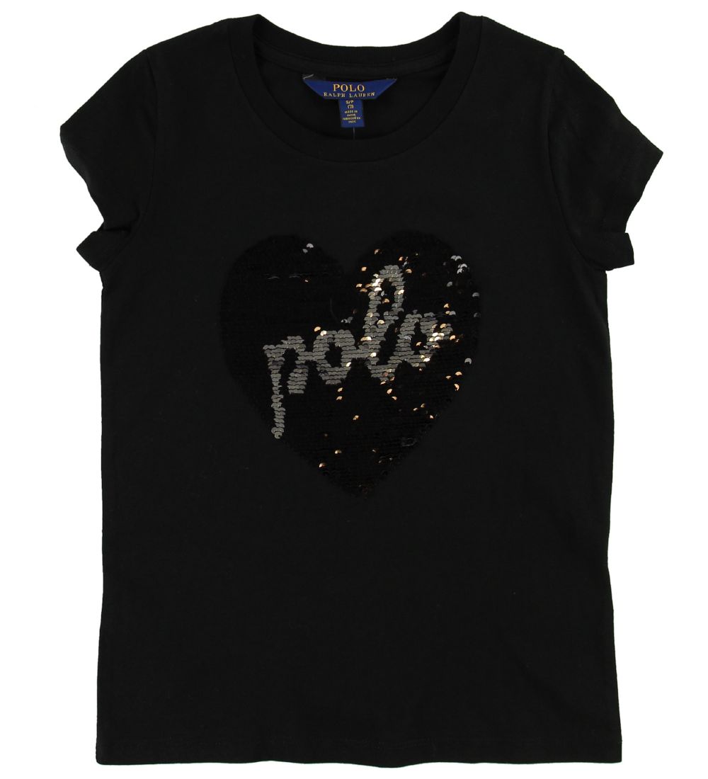 Polo Ralph Lauren T-shirt - Sort m. Hjerte/Pailletter