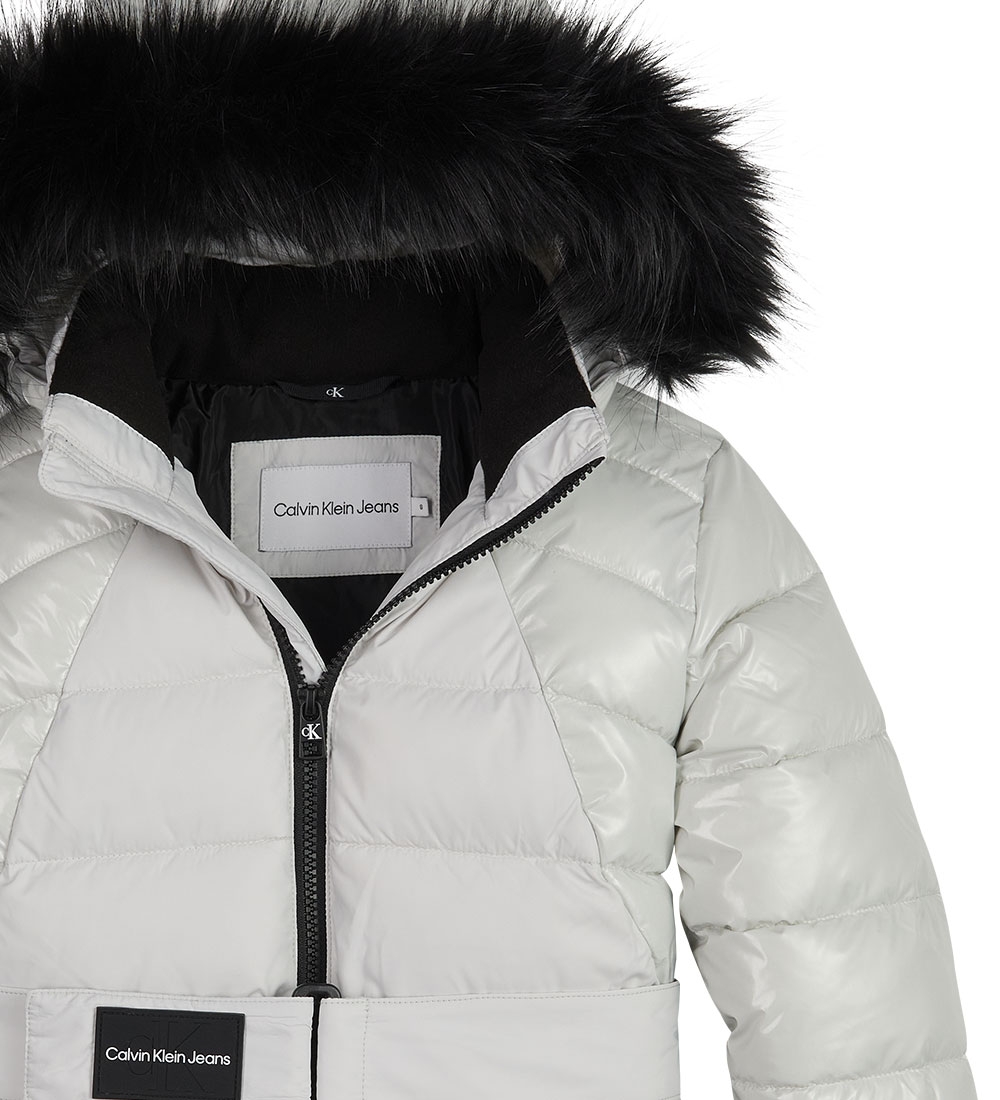 Calvin Klein Dynefrakke - Mixed Media Belted Puffer - Stone Grey