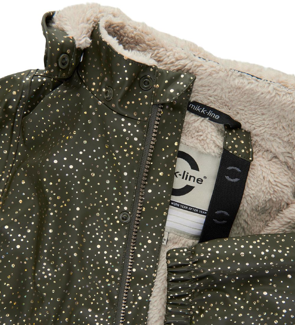 Mikk-Line Regndragt m Fleece - PU - Forest Green m. Guldprikker