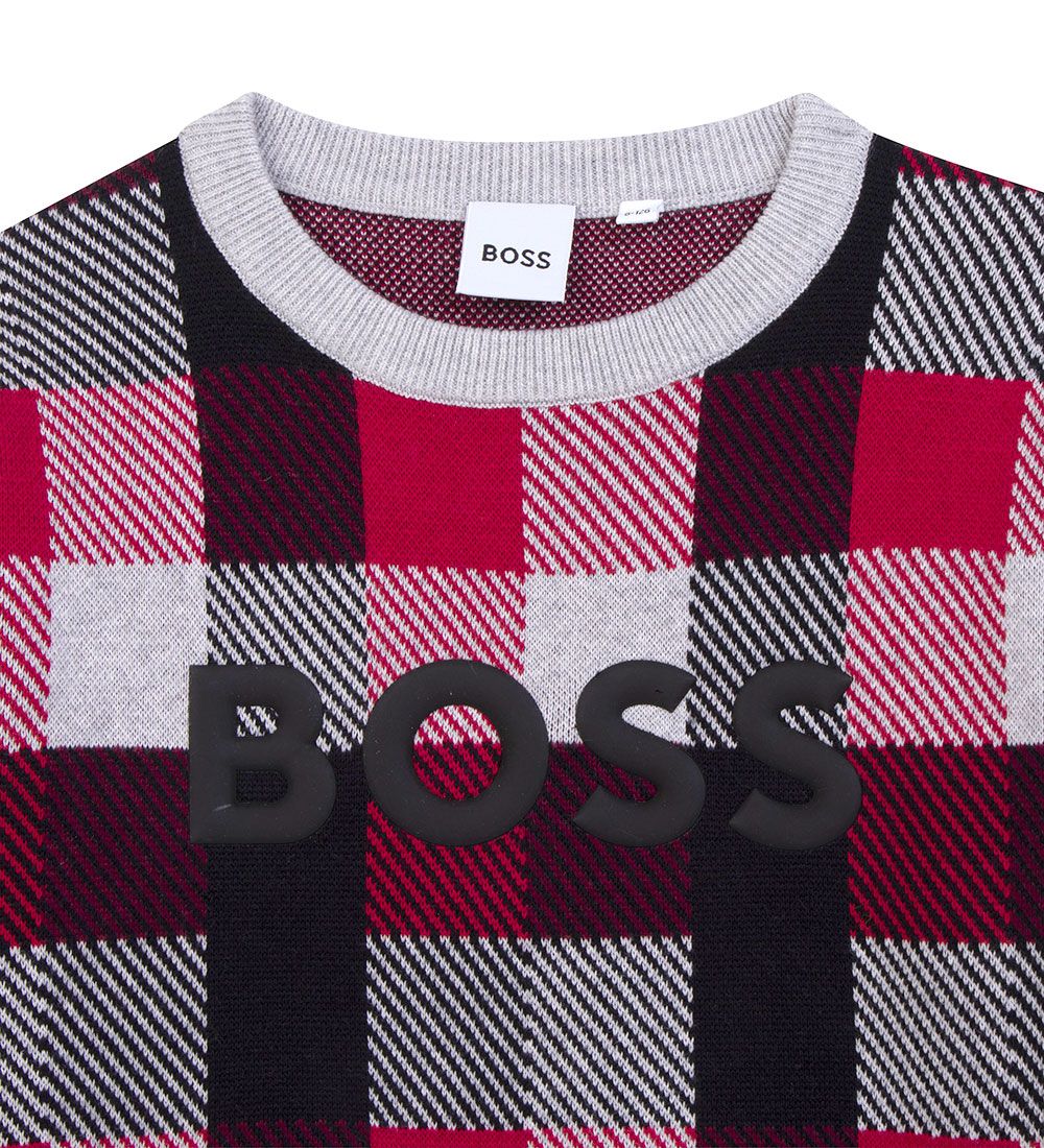 BOSS Bluse - Strik - Casual - Gråmeleret/Rødternet