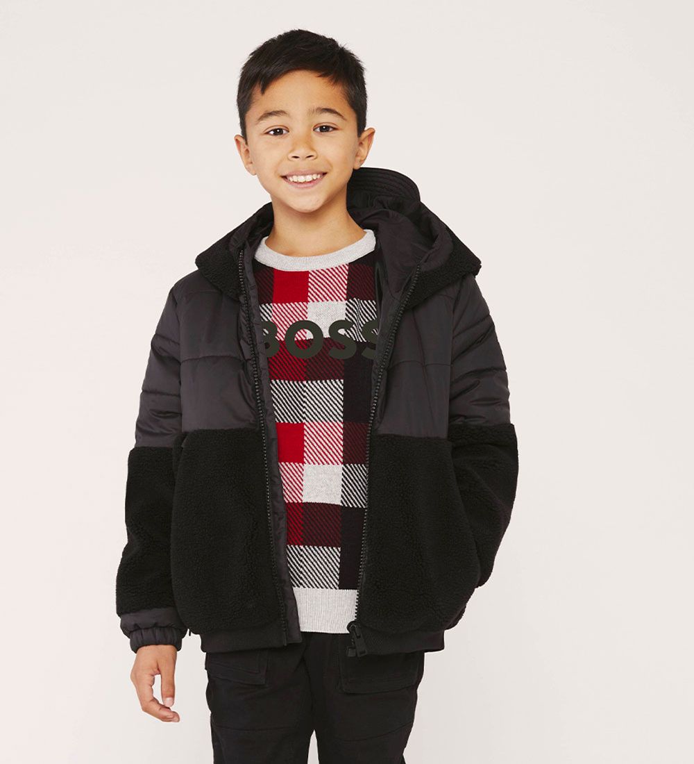 BOSS Bluse - Strik - Casual - Gråmeleret/Rødternet