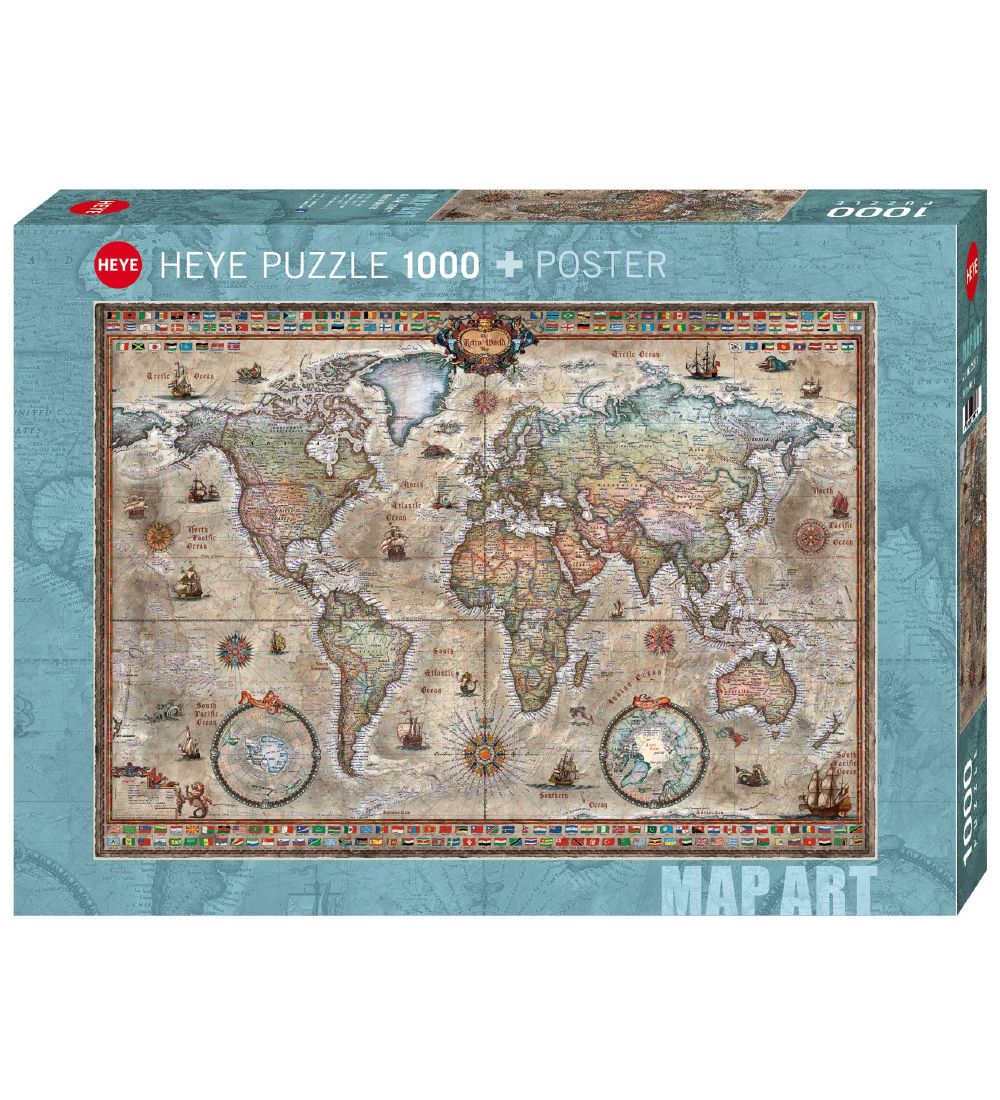 Heye Puzzle Puslespil - Retro World Map - 1000 Brikker