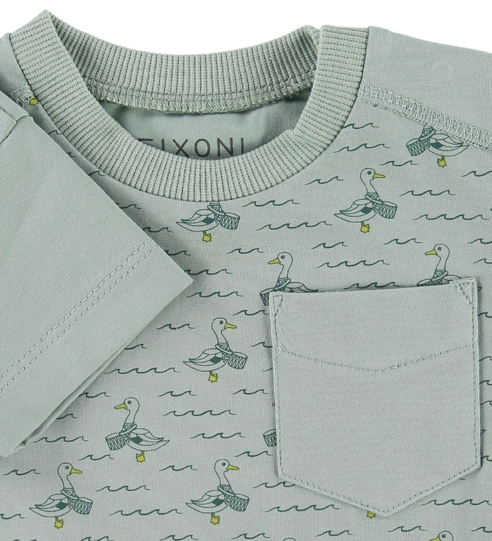 Fixoni T-shirt - Støvet Grøn m. Ænder/Bølger