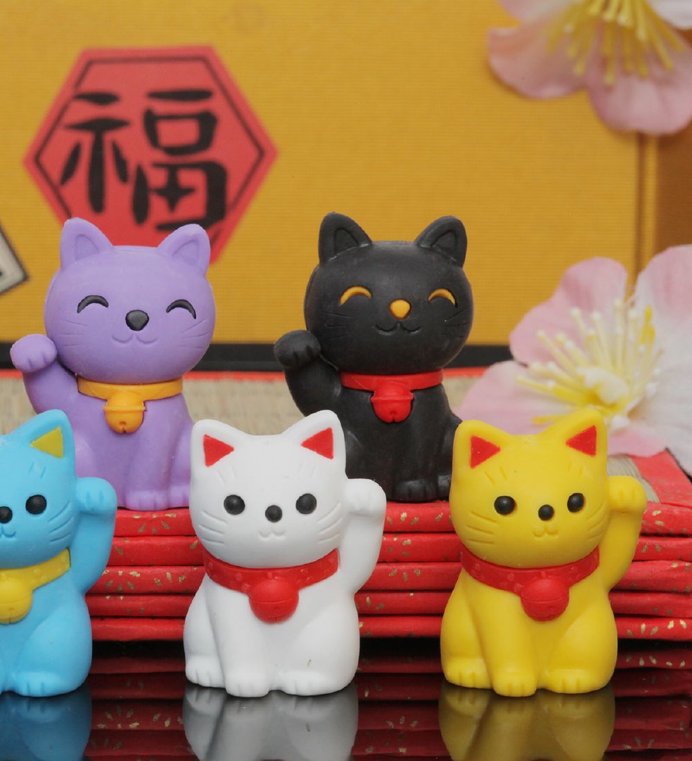 Iwako Viskelædere - Kokeshi & Lucky Cat - 7 Dele