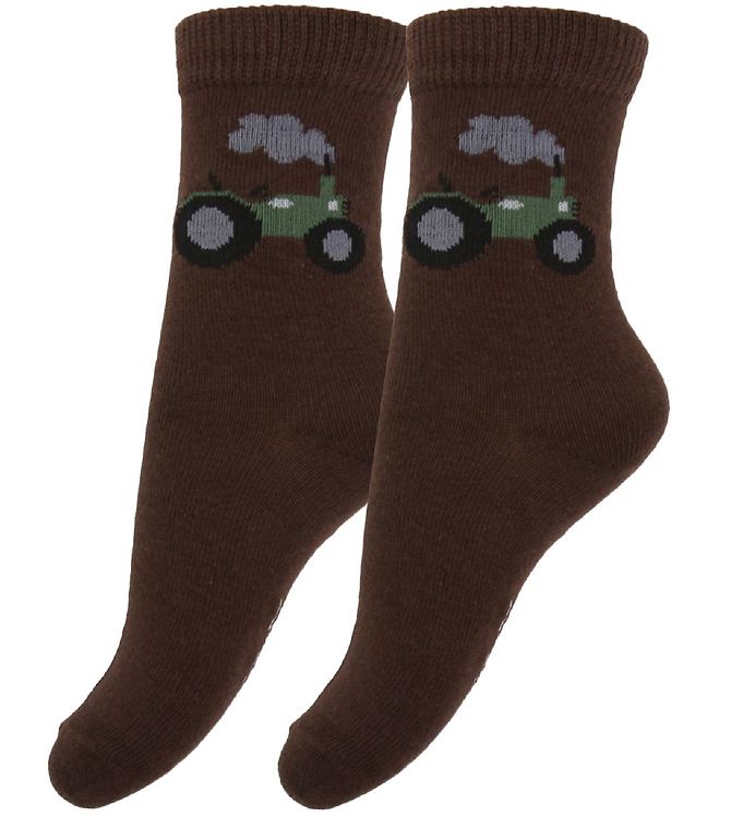 #3 - Fuzzies Strømper - 2-Pak - Brun m. Traktor