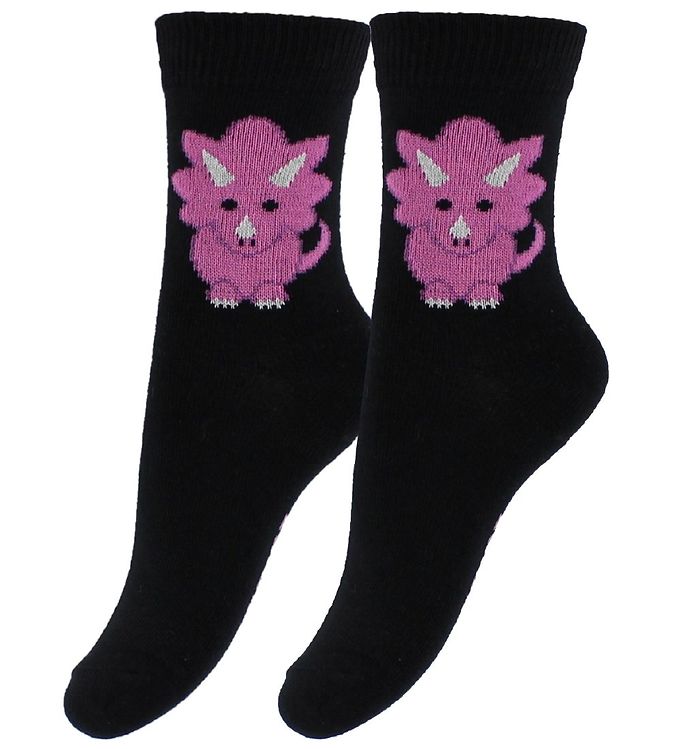 5: Fuzzies Strømper - 2-Pak - Sort m. Dino