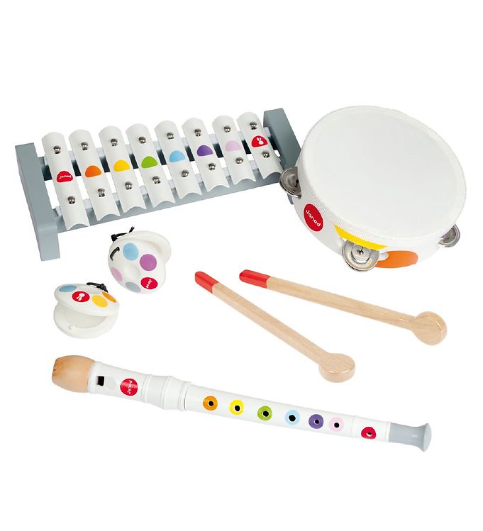Image of Janod Musiksæt - Hvid m. Regnbue Prikker - OneSize - Janod Musikinstrumenter (79091-427504)